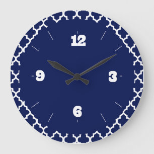 Rich Navy Blue and White Quatrefoil Pattern Large Clock