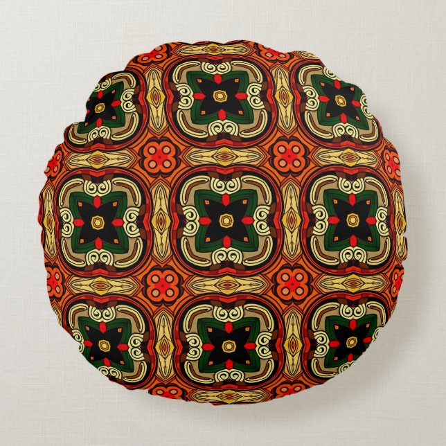Rich pattern red,yellow and beige Boho Round Cushion (Front)