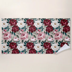 Rich Peonies & Leaves in Contemporary Colour Harmo Beach Towel