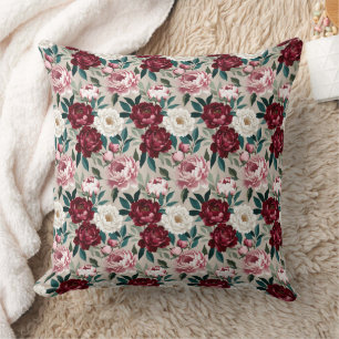 Rich Peonies & Leaves in Contemporary Colour Harmo Cushion