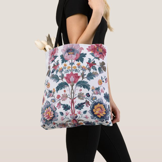Rich Pink Floral Folk Art Pattern Tote Bag | Tradi (Close Up)