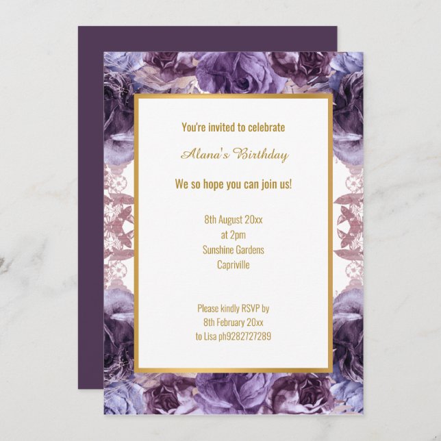 RICH PURPLE LILAC WHITE FLORAL STYLE BIRTHDAY INVITATION (Front/Back)