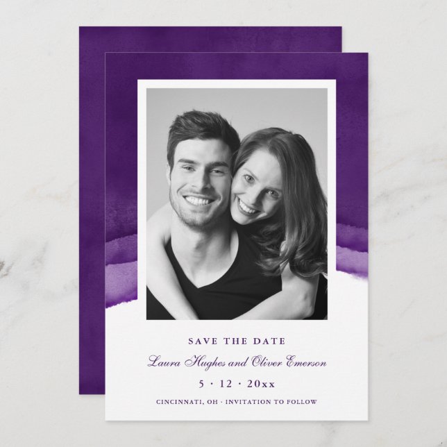 Rich Purple Watercolor Wedding Save the Date Cards (Front/Back)