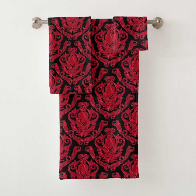 Rich Red and Black Damask Print Towel Set (Insitu)