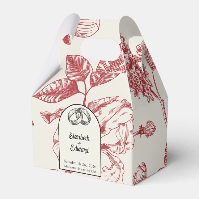 Rich Red French Floral Toile Floral  Favour Box (Front Side)