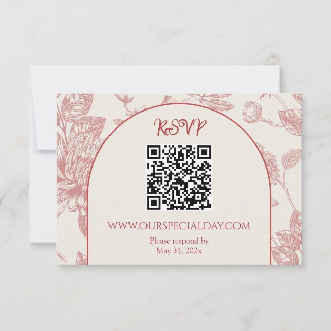 Rich Red French Floral Toile Floral RSVP Card (Front)