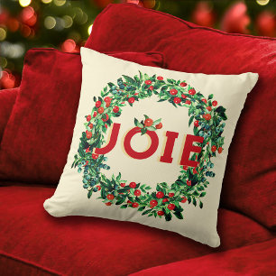 Rich Red Green Berry Wreath Joy French Cushion