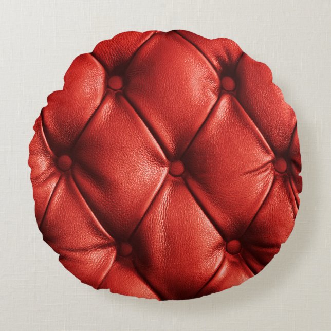 Rich Red Leather: Luxury Textured Detail Round Cushion (Front)