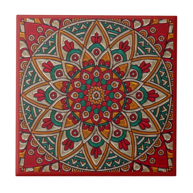 Rich, Red Mandala. Ceramic Tile (Front)
