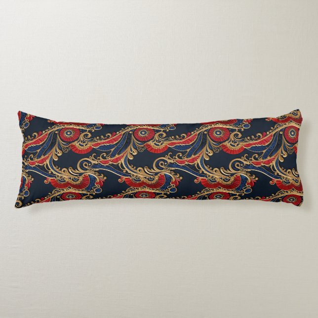 Rich Red, Navy, Gold Floral Scroll Body Cushion (Front)