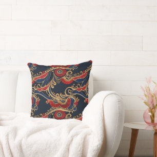 Rich Red, Navy, Gold Floral Scroll  Cushion