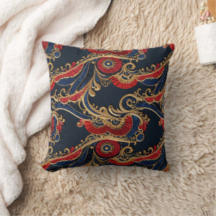 Rich Red, Navy, Gold Floral Scroll   Cushion