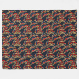 Rich Red, Navy, Gold Floral Scroll Fleece 