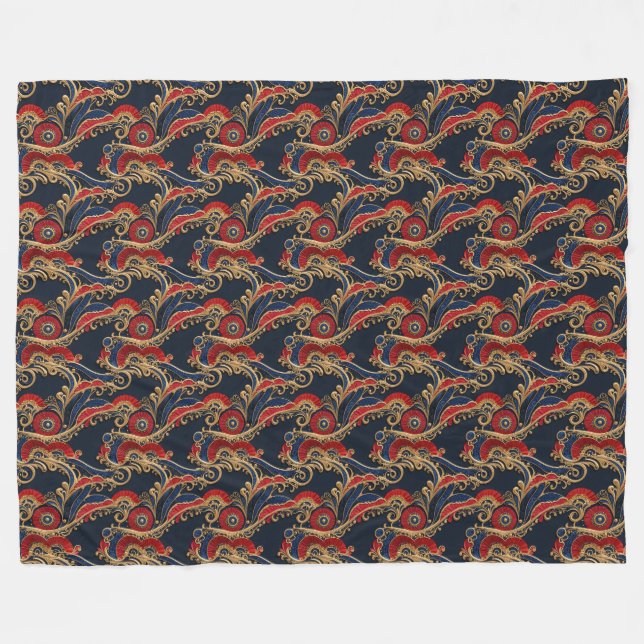 Rich Red, Navy, Gold Floral Scroll Fleece  Blanket (Front (Horizontal))