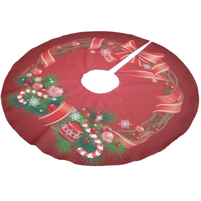 Rich Red Ombre with Christmas Wreath Brushed Polyester Tree Skirt (Angled)