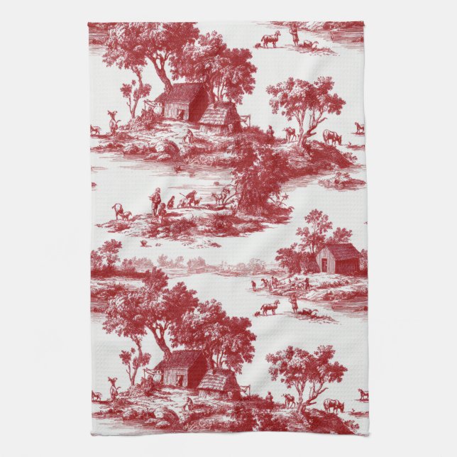 Rich Red Toile Heritage Countryside Pattern Tea Towel (Vertical)