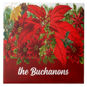 Rich Seasonal Hues with Red Poinsettias Ceramic Tile