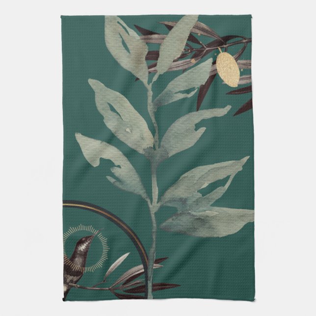 Rich Teal Green Artistic Watercolor Leaves Tea Towel (Vertical)