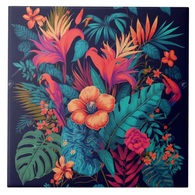 Rich Tropical Floral Pattern Ceramic Tile (Front)