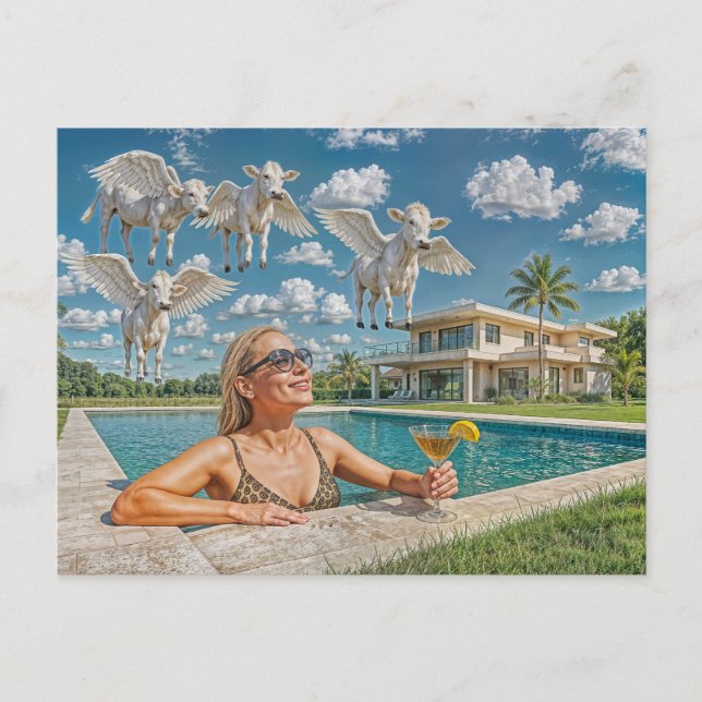 Rich Woman Watches Flying Cows from Pool Holiday Postcard (Front)