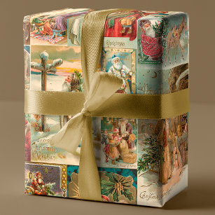 Richly-Detailed Vintage Father Christmas Collage Wrapping Paper