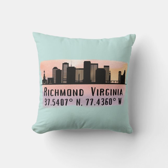 Richmond VA City Skyline Latitude and Longitude  Cushion (Front)