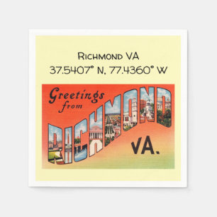 Richmond VA, Map Coordinates, Vintage Style Napkin