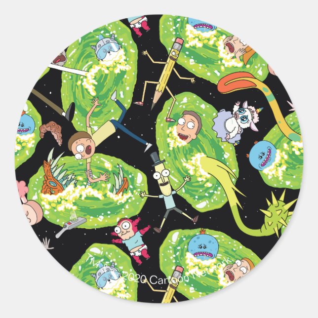RICK AND MORTY™ | Falling Through Portals Pattern Classic Round Sticker (Front)