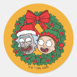 Rick and Morty   Holiday Wreath Pattern Classic Round Sticker