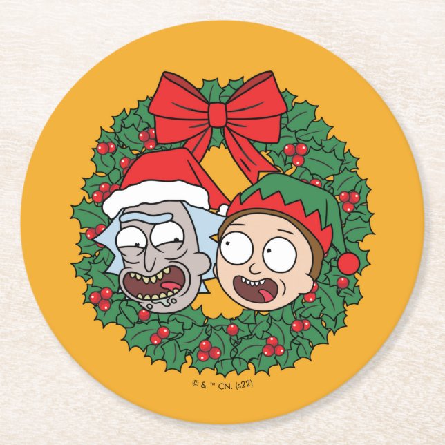 Rick and Morty | Holiday Wreath Pattern Round Paper Coaster (Front)
