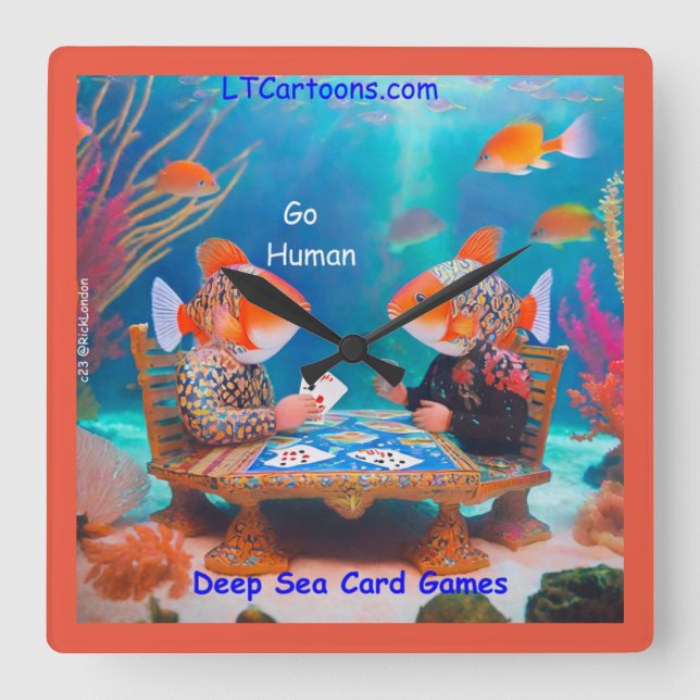 Rick London Fish Playing "Go Fish" Card Game Comic Square Wall Clock (Front)