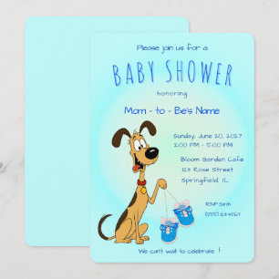 Rico the Dog holding Cute Rose Baby Shoes Invitation