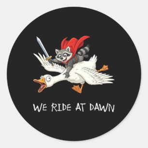 Ride at Dawn Funny Racoon Riding Goose Chaotic Classic Round Sticker