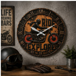 Ride & Explore Motorcycle Vintage Adventure Biker  Large Clock