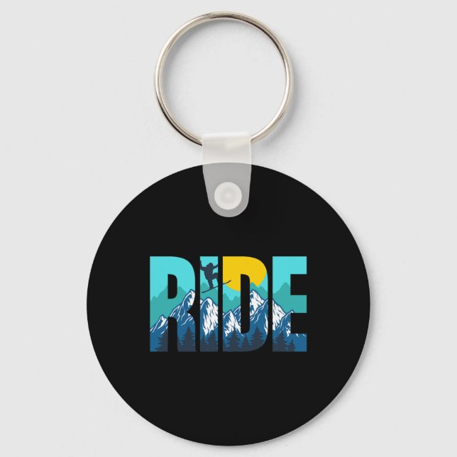 Ride Mountain Snowboarding Slopes Sunset Graphic  Key Ring (Front)
