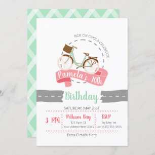 Ride On Over Bicycle Birthday Invitation   Mint