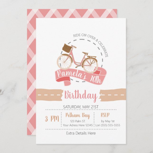 Ride On Over Bicycle Birthday Invitation | Pink (Front/Back)