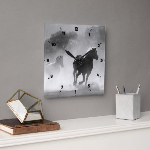 RIDE ON RUNNING HORSES GREY  SQUARE WALL CLOCK