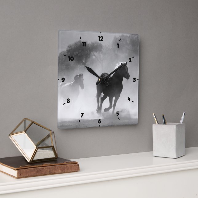 RIDE ON RUNNING HORSES GREY  SQUARE WALL CLOCK (Office)