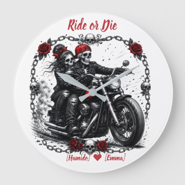 Ride or Die Personalised Skeleton Couple Large Clock (Front)