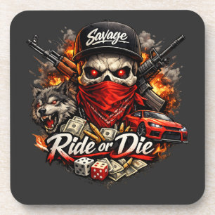 Ride or Die Skull Wolf Streetwear Design Coaster