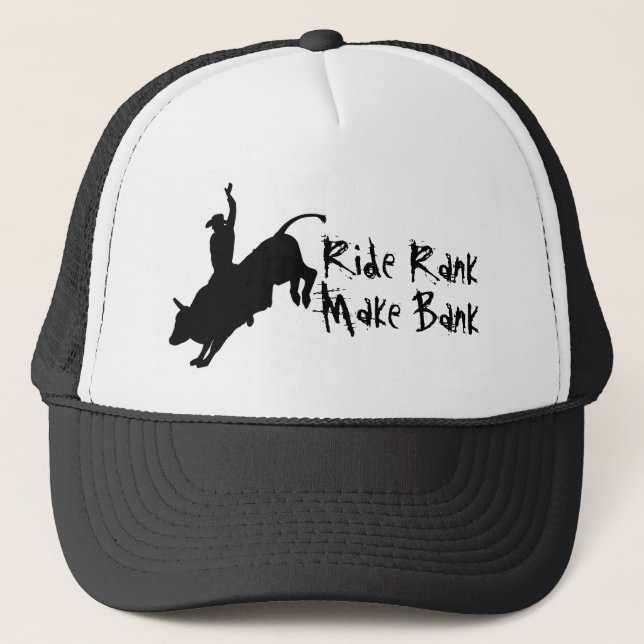 Ride Rank Bull Riding Rodeo Cowboy Up Trucker Hat (Front)