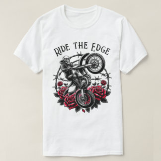 Ride The Edge" Motocross Skull & Roses Graphic  T-Shirt