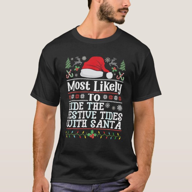 Ride the Festive Tides with Santa Surfer Christmas T-Shirt (Front)