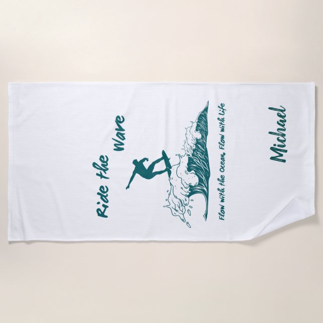 "Ride the Wave" Motivational Surfing Illustration Beach Towel (Front)