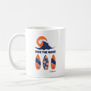 Ride the Wave Surfboards Bold Retro Surf Art Coffee Mug