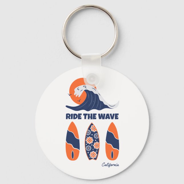 Ride the Wave Surfboards Bold Retro Surf Art Key Ring (Front)