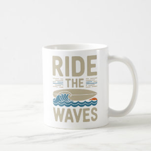 Ride the Waves Retro Surfboard Design Coffee Mug