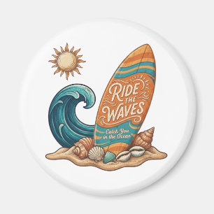 Ride the Waves Surfboard Illustration - Tropical B Magnet