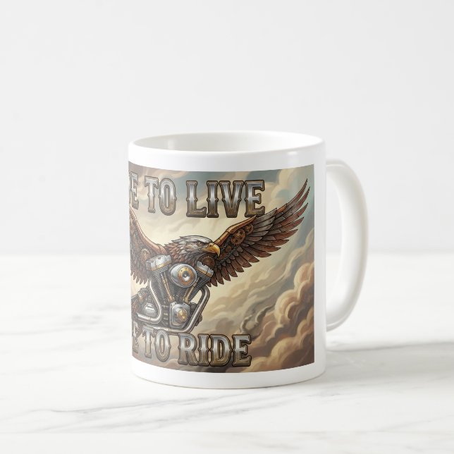 Ride to Live Biker Mug. Eagle and V Twin Engine Coffee Mug (Front Right)